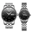 Ensemble de montres quartz pour couple avec bracelet en acier inoxydable et affichage de la date. - Style Royal Argent Cadran Noir / Ensemble Paire de Couple
