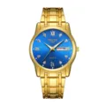 Men's luxury gold quartz watch with blue textured dial, calendar display and metal strap. - All Gold Blue Face