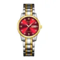 Orologio da donna al quarzo con quadrante rosso, indici in cristallo e cinturino in acciaio bicolore. - Bicolore Oro Quadrante Rosso