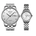 Ensemble de montres quartz couple en acier inoxydable avec chiffres romains et calendrier. - Style Royal Argent Cadran Blanc / Ensemble Paire de Couple