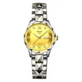Detailed view of women quartz watch, gold dial with diamond markers, dual calendar and metal band. - Polygon Two-Tone Silver Ring Gold Dial