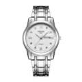 Men's quartz watch with stainless steel strap, white dial, calendar display and crystal markers. - Silver Band White Face