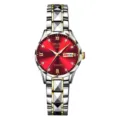 Women quartz watch with red dial, stainless steel gold black strap and calendar display. - Polygon Two-Tone Silver Ring Red Dial