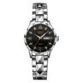 Women stainless steel quartz watch black dial calendar fashion wristwatch detail view - Polygon Silver Case Black Dial