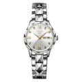 Women quartz watch with steel strap, elegant fashion waterproof wristwatch with double calendar. - Polygon Silver Case White Dial