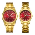 Luxus Paaruhr Quarz Uhren Set mit goldenem Edelstahlarmband und rotem Zifferblatt Design. - Römisch Vollgold Rotes Zifferblatt Pärchen Paar