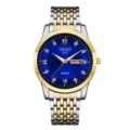 Montre quartz pour homme avec bracelet en acier inoxydable bicolore et cadran bleu. - Style Bicolore Or à 9 Perles (Cadran Bleu)