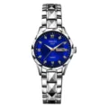 Women quartz watch with blue dial stainless steel strap day-date display fashion wristwatch - Polygon Silver Case Blue Dial