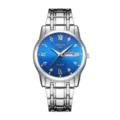 Detailed view of the quartz watch featuring a blue textured dial and silver stainless steel strap. - Silver Band Blue Face