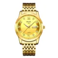 Luxury gold quartz watch for men with metal link bracelet, diamond markers and calendar. - 9-Bead All-Gold Style (Gold Dial)