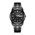 Close-up details of the black dial quartz watch with calendar display and metal link bracelet. - Black Band Black Face