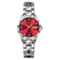 Women's quartz watch with steel strap, red dial, faceted bezel, and calendar display. - Polygon Silver Case Red Dial