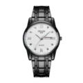 Men black quartz watch with textured white dial, roman numerals and calendar display. - Black Band White Face