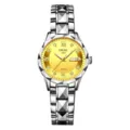 Detailed view of women quartz watch with yellow dial crystal markers and steel band. - Polygon Silver Case Gold Dial
