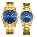 Luxus Gold Quarz Paare Uhr Set mit blauem römischen Zifferblatt Kalenderanzeige. - Römisch Vollgold Blaues Zifferblatt Pärchen Paar