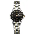 Fashionable women quartz watch featuring ceramic steel strap and dual calendar display. - Polygon Two-Tone Silver Ring Black Dial