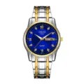 Detailansicht der luxuriösen Herren Quarzarmbanduhr mit blauem Zifferblatt und Metallarmband. - Zweifarbig Gold & Silber mit blauem Zifferblatt