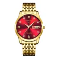 Gold quartz men watch with red dial stainless steel strap fashion business wristwatch waterproof - 9-Bead All-Gold Style (Red Dial)