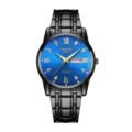 Men's stylish quartz watch with black metal band, blue dial, calendar display, waterproof design. - Black Band Blue Face