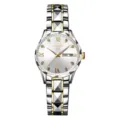 Elegant women quartz watch with dual calendar display, steel and ceramic strap fashion. - Polygon Two-Tone Silver Ring White Dial