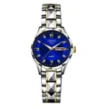 Detailed view of the luxury women quartz watch with blue dial, dual calendar and metal strap. - Polygon Two-Tone Silver Ring Blue Dial