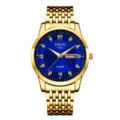 Gold quartz watch for men featuring a striking blue dial, Roman numerals, and steel strap. - 9-Bead All-Gold Style (Blue Dial)