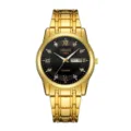 Detailed view of the luxury men quartz watch featuring black dial and gold steel bracelet. - Full Gold with Black Dial