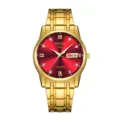 Elegante Herren Quarz Armbanduhr in Gold mit rotem Zifferblatt und edlem Edelstahlarmband - Goldgehäuse mit Rotem Zifferblatt