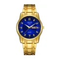 Detailed closeup of men luxury gold quartz watch with striking blue dial and diamond markers. - Full Gold with Blue Dial