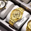 Montre quartz homme acier dore detail, montre bracelet luxe affaires multifonctionnelle. - Style Bracelet Tout Or Cadran Or