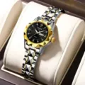Women luxury quartz watch with diamond-cut bezel stainless steel strap waterproof calendar - Two Tone Gold Black Dial with Gold Bezel