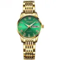 Elegante reloj de cuarzo para mujer dorado con esfera verde números romanos calendario. - Correa Todo Oro de 9 Cuentas - Esfera Verde Romana [Mujeres]