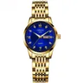 Gold women quartz watch detail, blue dial with calendar window, elegant metal bracelet. - 9-Bead Full Gold Strap Blue Dial