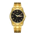 Men gold quartz watch with metal band black textured dial arabic numerals calendar display. - Digital Full Gold Band Men Black Face (Texture)