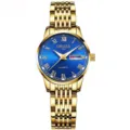 Detalles del reloj de cuarzo dorado para mujer con esfera azul y práctica ventana de fecha. - Correa Todo Oro de 9 Cuentas - Esfera Azul Romana [Mujeres]