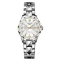 Women fashion luxury quartz watch with geometric cut bezel and dual calendar display. - Silver Band White Dial