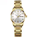 Gold women's quartz watch with white dial, Roman numerals, rhinestones, and day-date display. - 9-Bead Full Gold Strap White Dial