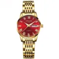 Elegante reloj de cuarzo para mujer con correa de acero dorada y esfera roja con fecha - Correa Todo Oro de 9 Cuentas - Esfera Roja Romana [Mujeres]