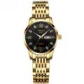 Luxury gold women quartz watch with black dial stainless steel strap and calendar display - 9-Bead Full Gold Strap Black Dial