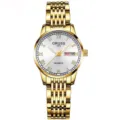 Elegante reloj de cuarzo para mujer con correa de acero inoxidable dorada y esfera blanca clásica. - Correa Todo Oro de 9 Cuentas - Esfera Blanca Romana [Mujeres]