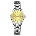 Detailed view of the luxury faceted women quartz watch with gold dial and geometric metal strap. - Two Tone Silver Band Gold Dial with Silver Bezel