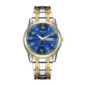 Men quartz watch with blue textured dial, Arabic numerals, two-tone stainless steel band. - Digital Two-Tone Band Men Blue Face (Texture)