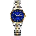 Detalle de cerca del reloj de cuarzo bicolor para mujer con una esfera azul muy elegante. - Correa Bicolor de 9 Cuentas Esfera Azul