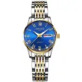 Detailed close-up of women quartz watch dial featuring Roman numerals and two-tone steel strap. - 9-Bead Two-Tone Band - Roman Blue Dial [Women]