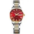 Women's quartz watch with red dial, roman numerals, dual calendar and two-tone steel strap. - 9-Bead Two-Tone Band - Roman Red Dial [Women]