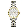 Women quartz watch steel strap waterproof luxury fashion diamond cut dial calendar wrist watch - Two Tone Gold Band White Dial with Gold Bezel