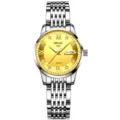 Elegante reloj de cuarzo para mujer con esfera dorada, calendario y correa de acero. - Correa de Plata de 9 Cuentas Esfera Dorada