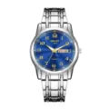 Detailed view of men's quartz watch featuring a blue textured dial and stainless steel strap. - Digital Silver Band Men Blue Face (Texture)