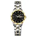 Close-up of women's quartz watch featuring diamond-cut bezel and two-tone metal bracelet. - Two Tone Gold Band Black Dial with Gold Bezel