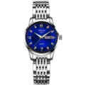 Elegante reloj de cuarzo para mujer con esfera azul, correa de acero y doble calendario útil. - Correa de Plata de 9 Cuentas Esfera Azul